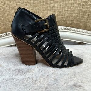 Hinge | Black Leather Woven Sandals with Stacked Heels